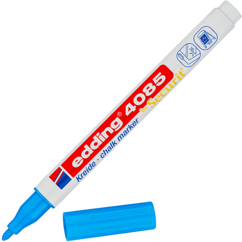edding 4085 chalk marker - light blue - 1 chalk pen - round nib 1-2 mm - fine-nib wet wipe pen for chalkboards, windows, glass, mirrors - liquid chalk marker pens for opaque coverage - Image 1